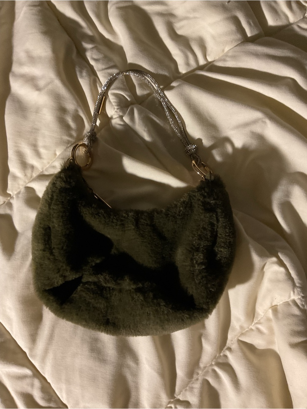 a new day Plush Faux Fur Tiny HandHeld Hobo Bag in Olive